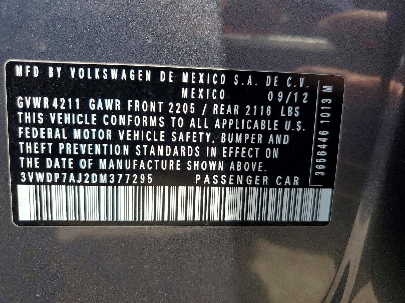 49056646 :رقم المزاد ، 3VWDP7AJ2DM377295 vin ، 2013 Volkswagen Jetta مزاد بيع