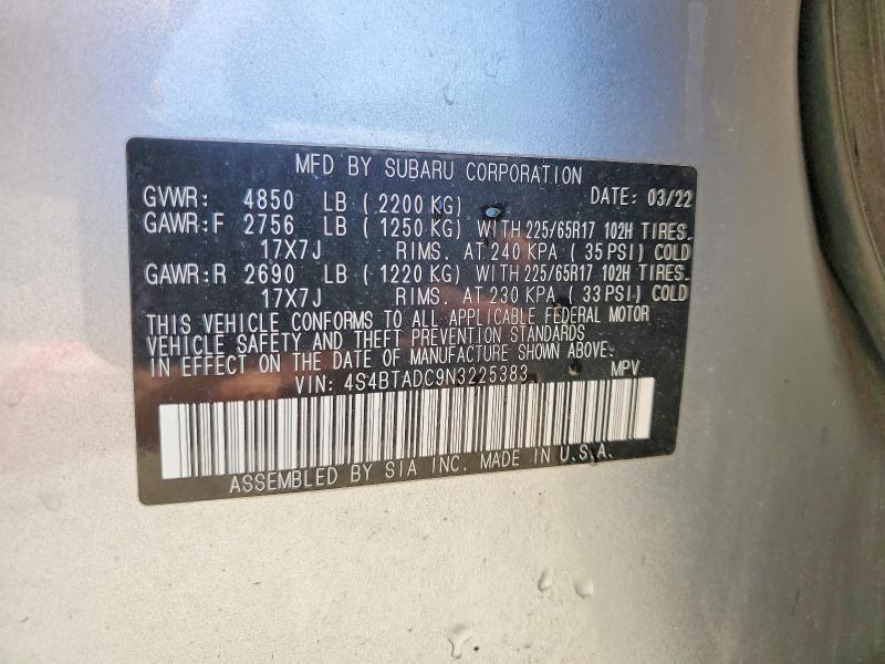 50816186 :رقم المزاد ، 4S4BTADC9N3225383 vin ، 2022 Subaru Outback مزاد بيع