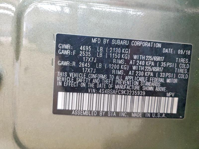 48740326 :رقم المزاد ، 4S4BSAFC9K3235939 vin ، 2019 Subaru Outback مزاد بيع