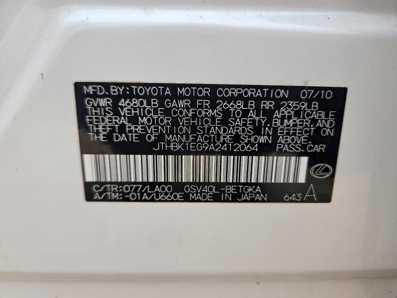 51040506 :رقم المزاد ، JTHBK1EG9A2412064 vin ، 2010 Lexus Es مزاد بيع