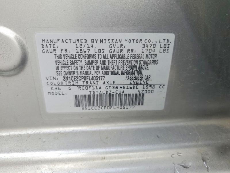 2015 Nissan Versa Note მანქანა იყიდება აუქციონზე, vin: 3N1CE2CP0FL405177, აუქციონის ნომერი: 48688576