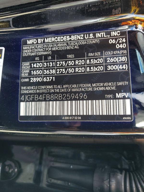 47433216 :رقم المزاد ، 4JGFB4FB8RB259496 vin ، 2024 Mercedes-benz Gle مزاد بيع