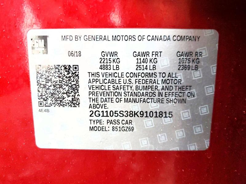 51246676 :رقم المزاد ، 2G1105S38K9101815 vin ، 2019 Chevrolet Impala مزاد بيع