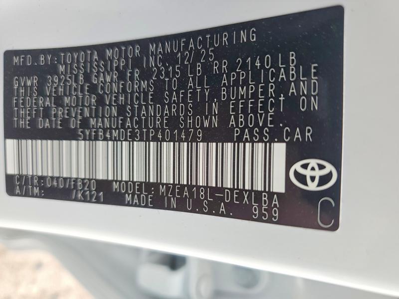 Aukcja sprzedaży 2026 Toyota Corolla, vin: 5YFB4MDE3TP401479, numer aukcji: 50407216