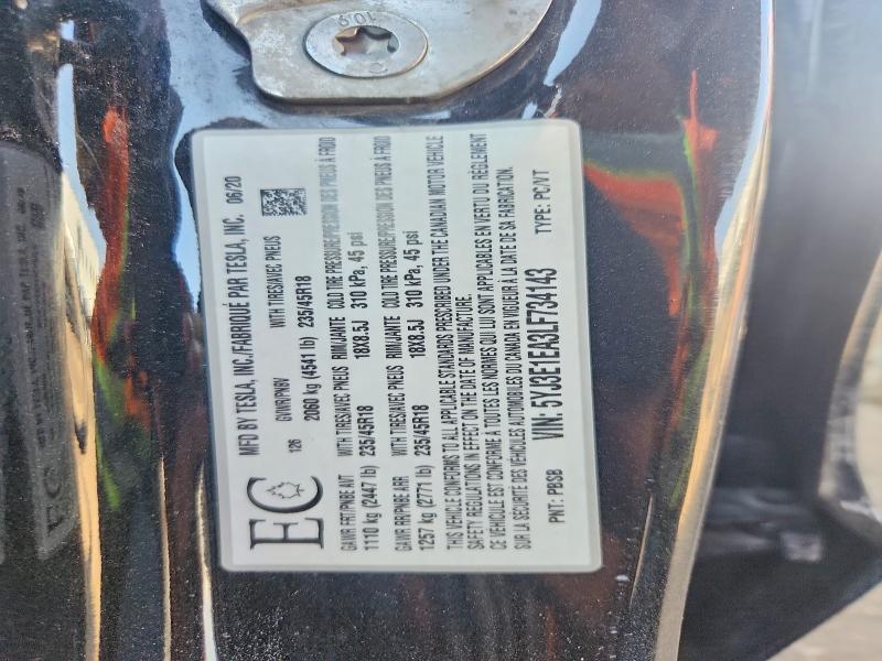 48632256 :رقم المزاد ، 5YJ3E1EA3LF734143 vin ، 2020 Tesla Model 3 مزاد بيع