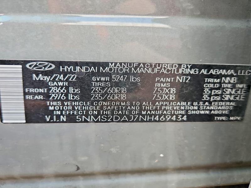 2022 Hyundai Santa Fe მანქანა იყიდება აუქციონზე, vin: 5NMS2DAJ7NH469434, აუქციონის ნომერი: 49342046