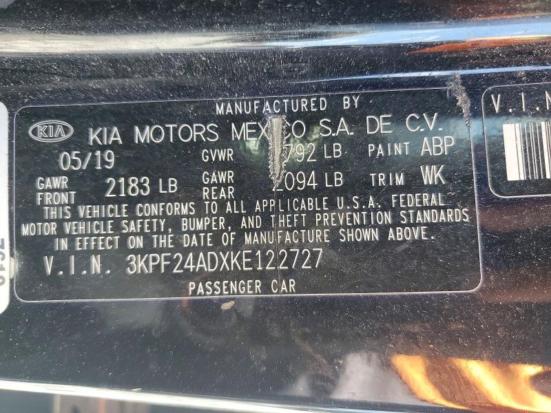 2019 Kia Forte მანქანა იყიდება აუქციონზე, vin: 3KPF24ADXKE122727, აუქციონის ნომერი: 54694066