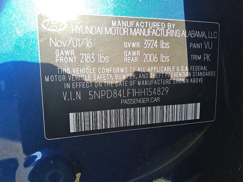 50943916 :رقم المزاد ، 5NPD84LF1HH154829 vin ، 2017 Hyundai Elantra مزاد بيع