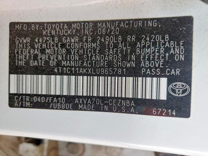 49176806 :رقم المزاد ، 4T1C11AKXLU965781 vin ، 2020 Toyota Camry مزاد بيع