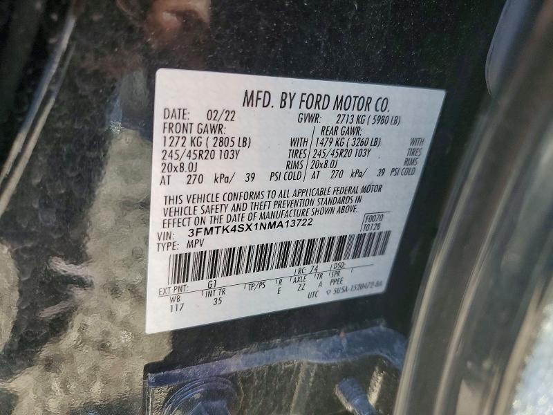 49713496 :رقم المزاد ، 3FMTK4SX1NMA13722 vin ، 2022 Ford Mustang Mach-e مزاد بيع