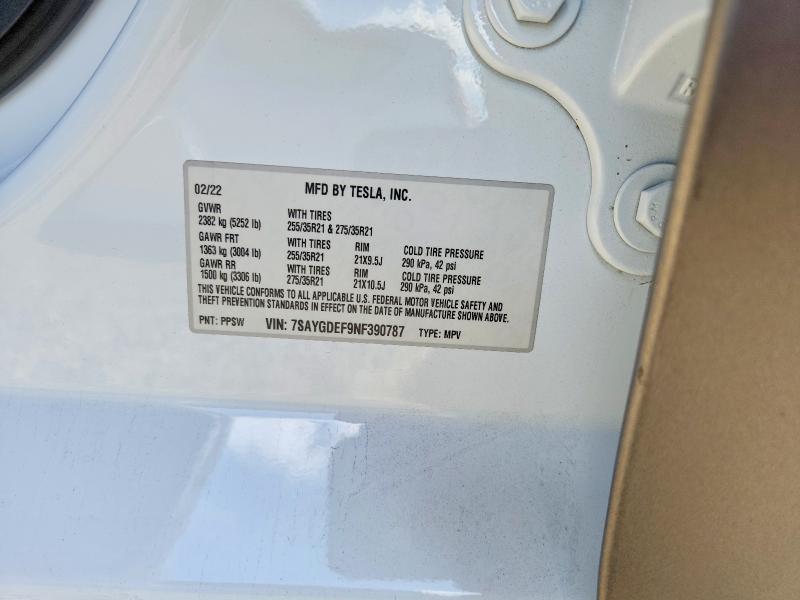 47988026 :رقم المزاد ، 7SAYGDEF9NF390787 vin ، 2022 Tesla Model Y مزاد بيع