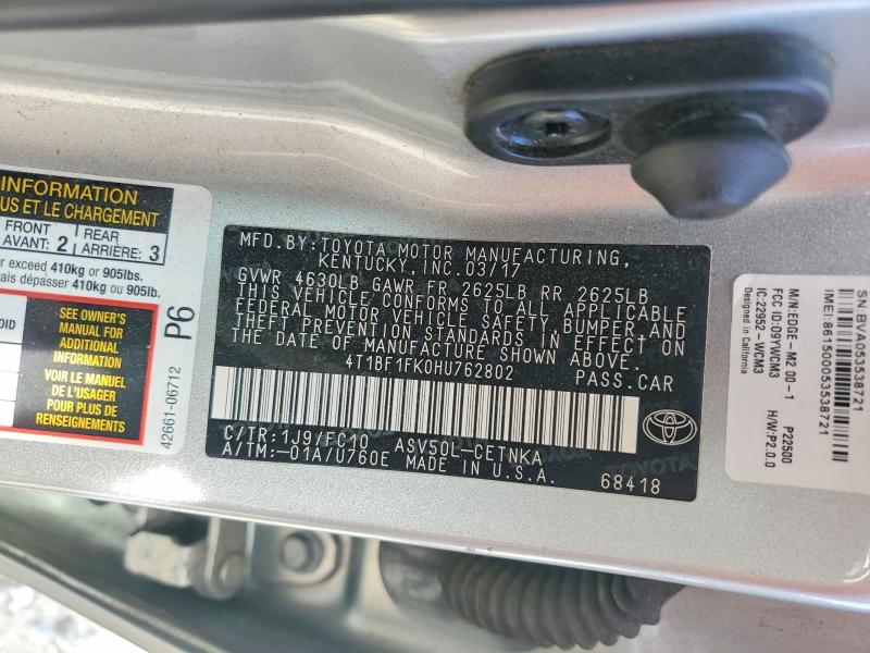 Aukcja sprzedaży 2017 Toyota Camry, vin: 4T1BF1FK0HU762802, numer aukcji: 49626516