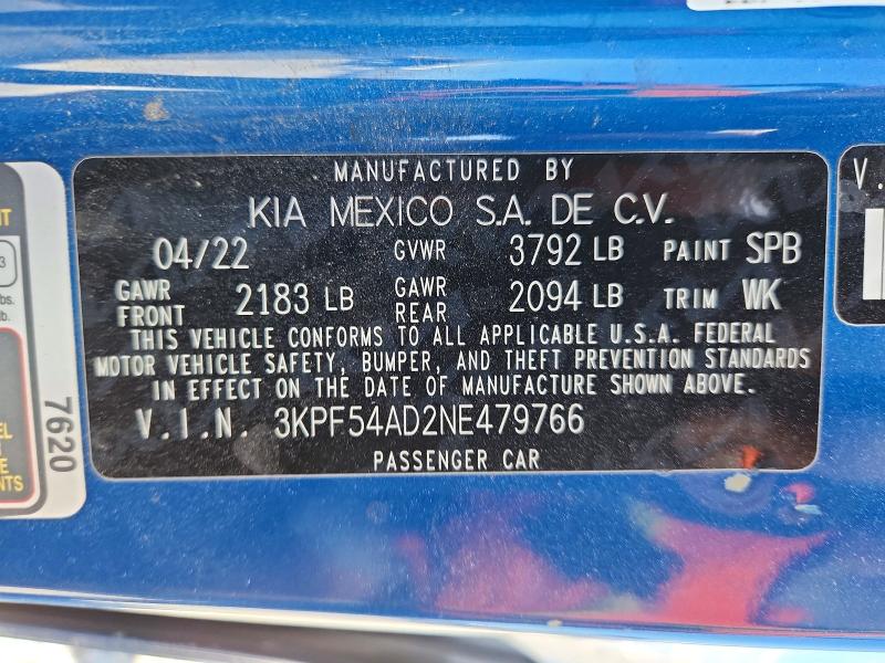 46780216 :رقم المزاد ، 3KPF54AD2NE479766 vin ، 2022 Kia Forte مزاد بيع