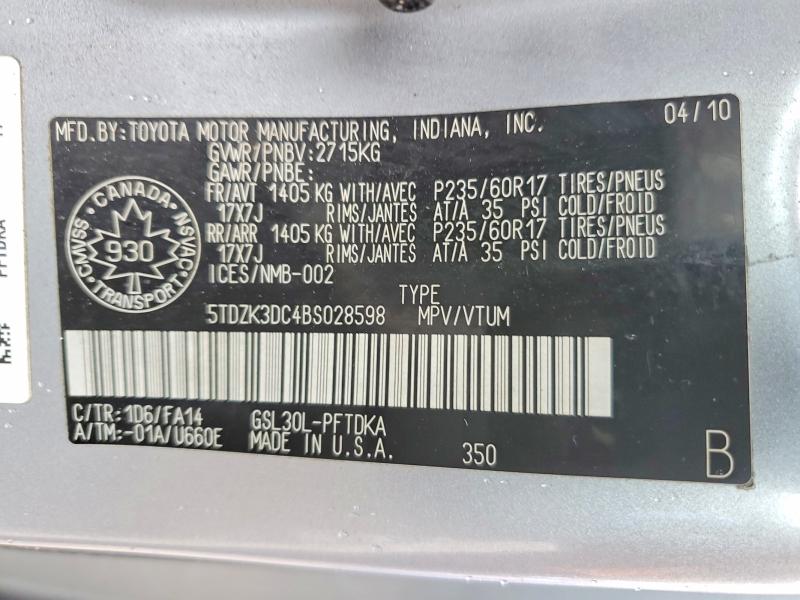 Продаж на аукціоні авто 2011 Toyota Sienna, vin: 5TDZK3DC4BS028598, номер лоту: 50274736