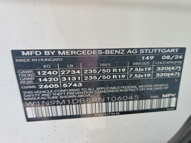 50929786 :رقم المزاد ، W1N9M1DB5RN106045 vin ، 2024 Mercedes-benz Eqb مزاد بيع