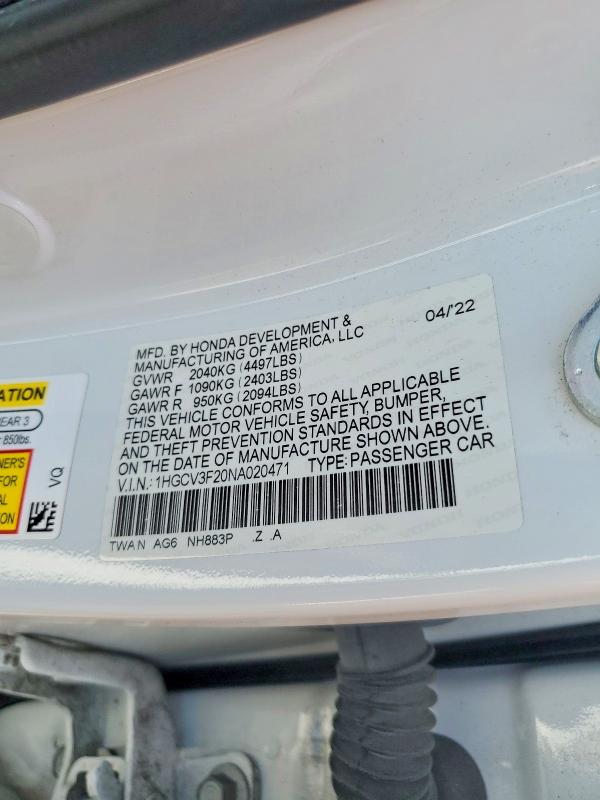 Продажа на аукционе авто 2022 Honda Accord, vin: 1HGCV3F20NA020471, номер лота: 48873976
