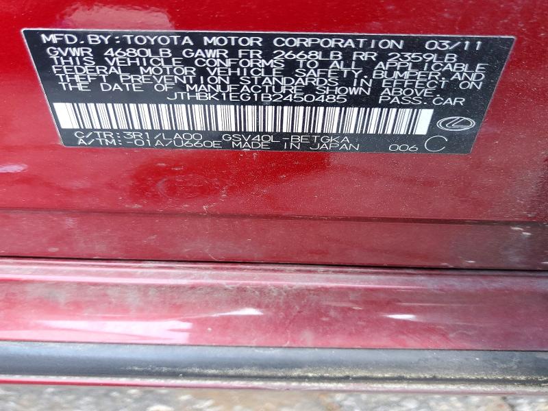 49510616 :رقم المزاد ، JTHBK1EG1B2450485 vin ، 2011 Lexus Es مزاد بيع
