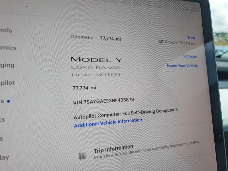 2022 Tesla Model Y მანქანა იყიდება აუქციონზე, vin: 7SAYGAEE3NF433879, აუქციონის ნომერი: 51156006