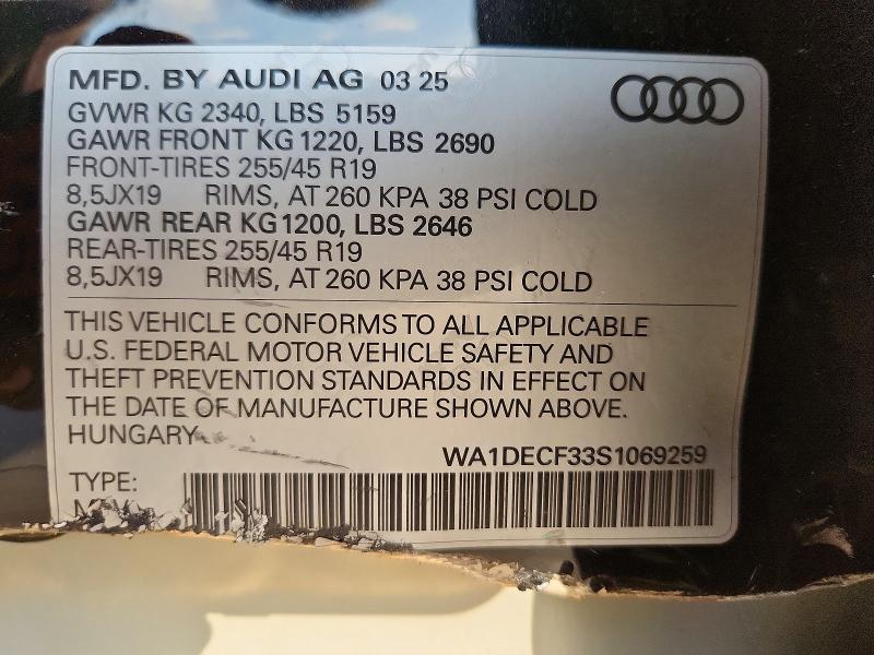 2025 Audi Q3 მანქანა იყიდება აუქციონზე, vin: WA1DECF33S1069259, აუქციონის ნომერი: 50053456