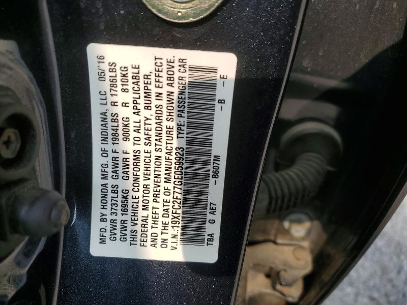 51374216 :رقم المزاد ، 19XFC2F77GE059923 vin ، 2016 Honda Civic مزاد بيع