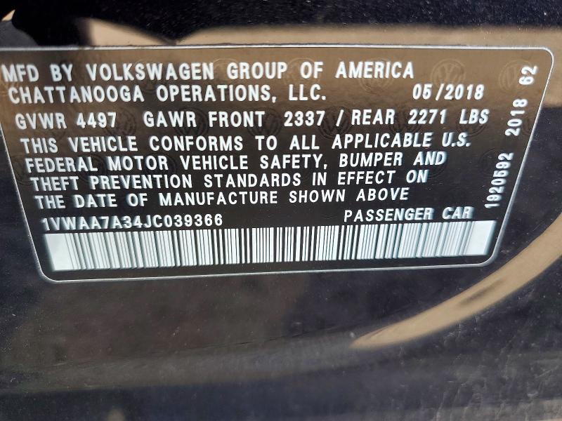 49163336 :رقم المزاد ، 1VWAA7A34JC039366 vin ، 2018 Volkswagen Passat مزاد بيع