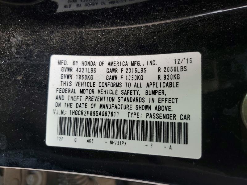 2016 Honda Accord მანქანა იყიდება აუქციონზე, vin: 1HGCR2F89GA087611, აუქციონის ნომერი: 50123796