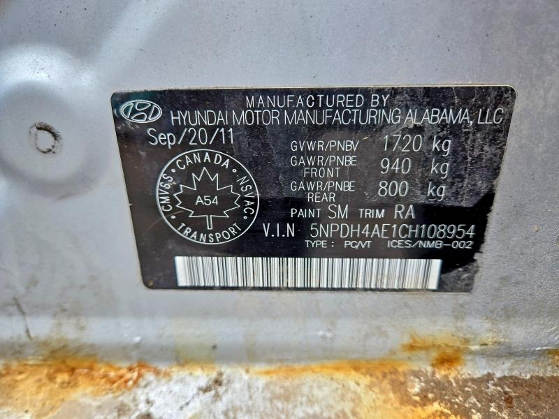 2012 Hyundai Elantra მანქანა იყიდება აუქციონზე, vin: 5NPDH4AE1CH108954, აუქციონის ნომერი: 78748615