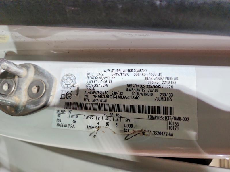 2021 Ford Escape მანქანა იყიდება აუქციონზე, vin: 1FMCU9G64MUA41340, აუქციონის ნომერი: 78433555