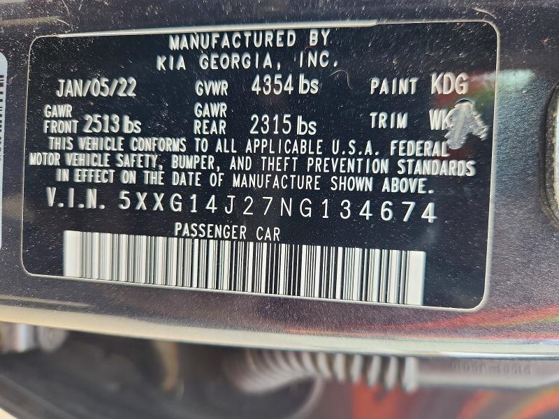 Aukcja sprzedaży 2022 Kia K5, vin: 5XXG14J27NG134674, numer aukcji: 49122666