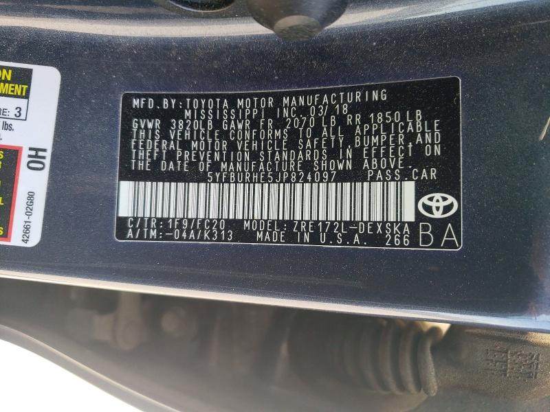 Aukcja sprzedaży 2018 Toyota Corolla, vin: 5YFBURHE5JP824097, numer aukcji: 50306766