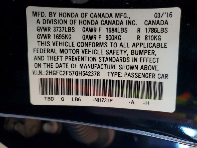 49005376 :رقم المزاد ، 2HGFC2F57GH542378 vin ، 2016 Honda Civic مزاد بيع