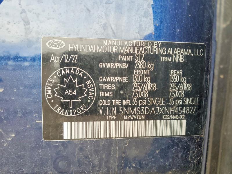 2022 Hyundai Santa Fe მანქანა იყიდება აუქციონზე, vin: 5NMS3DAJXNH454827, აუქციონის ნომერი: 49276826