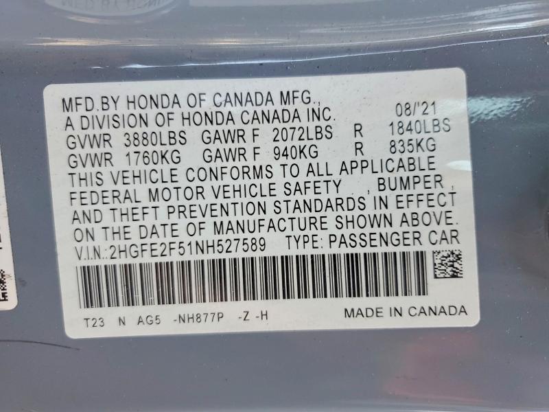 Продажа на аукционе авто 2022 Honda Civic, vin: 2HGFE2F51NH527589, номер лота: 48828186