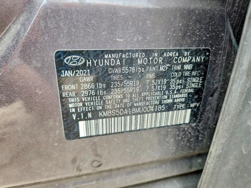 Aukcja sprzedaży 2021 Hyundai Santa Fe, vin: KM8S5DA18MU004185, numer aukcji: 49495576
