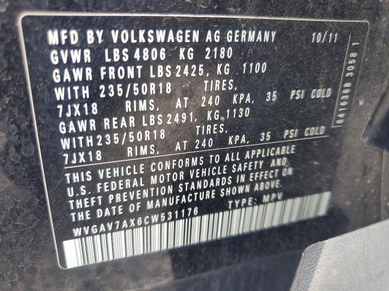 50351666 :رقم المزاد ، WVGAV7AX6CW531176 vin ، 2012 Volkswagen Tiguan مزاد بيع