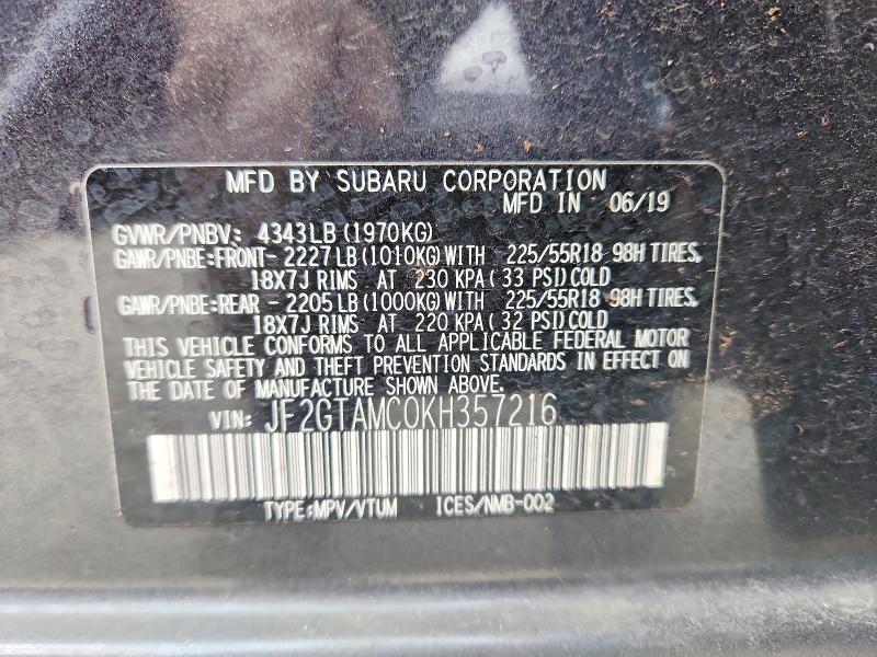 2019 Subaru Crosstrek მანქანა იყიდება აუქციონზე, vin: JF2GTAMC0KH357216, აუქციონის ნომერი: 49503716