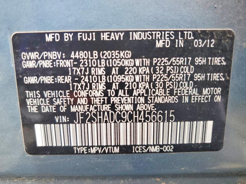 Продаж на аукціоні авто 2012 Subaru Forester, vin: JF2SHADC9CH456615, номер лоту: 50106236