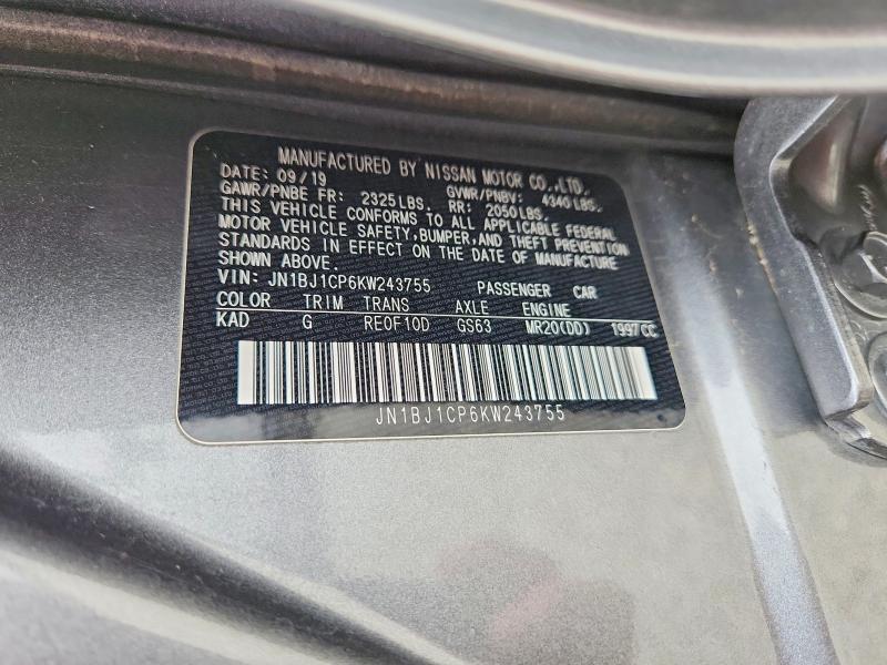 2019 Nissan Rogue Sport მანქანა იყიდება აუქციონზე, vin: JN1BJ1CP6KW243755, აუქციონის ნომერი: 51013066