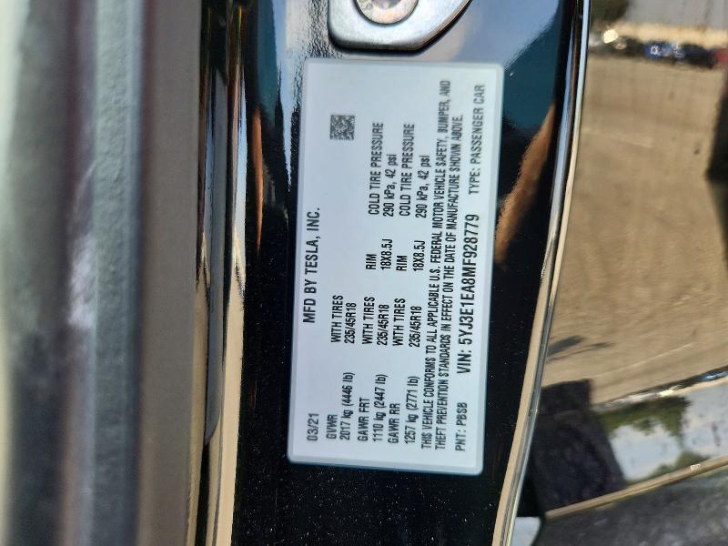2021 Tesla Model 3 მანქანა იყიდება აუქციონზე, vin: 5YJ3E1EA8MF928779, აუქციონის ნომერი: 49404856