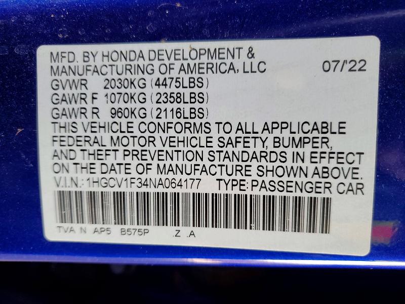 Продаж на аукціоні авто 2022 Honda Accord, vin: 1HGCV1F34NA064177, номер лоту: 51190716