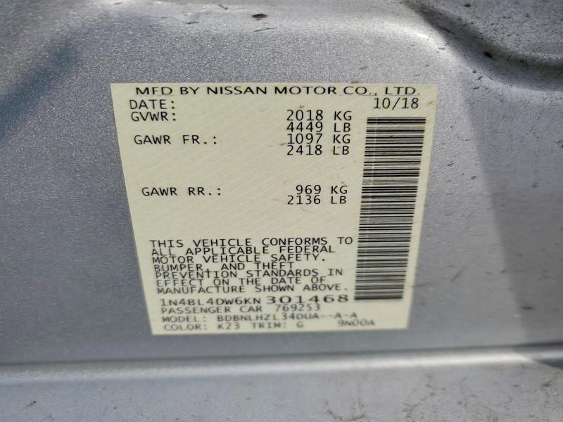 49549206 :رقم المزاد ، 1N4BL4DW6KN301468 vin ، 2019 Nissan Altima مزاد بيع