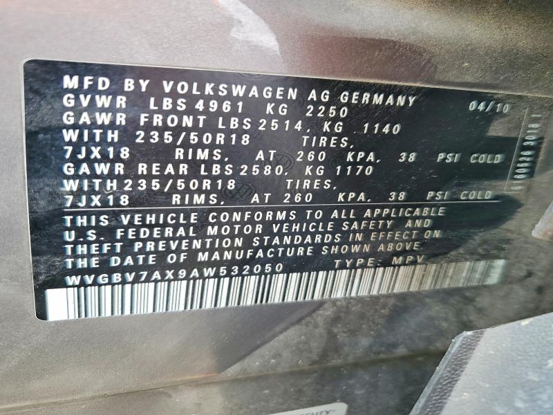 2010 Volkswagen Tiguan მანქანა იყიდება აუქციონზე, vin: WVGBV7AX9AW532050, აუქციონის ნომერი: 51340576