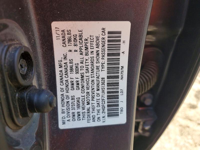 Продажа на аукционе авто 2018 Honda Civic, vin: 2HGFC2F71JH513628, номер лота: 50911686