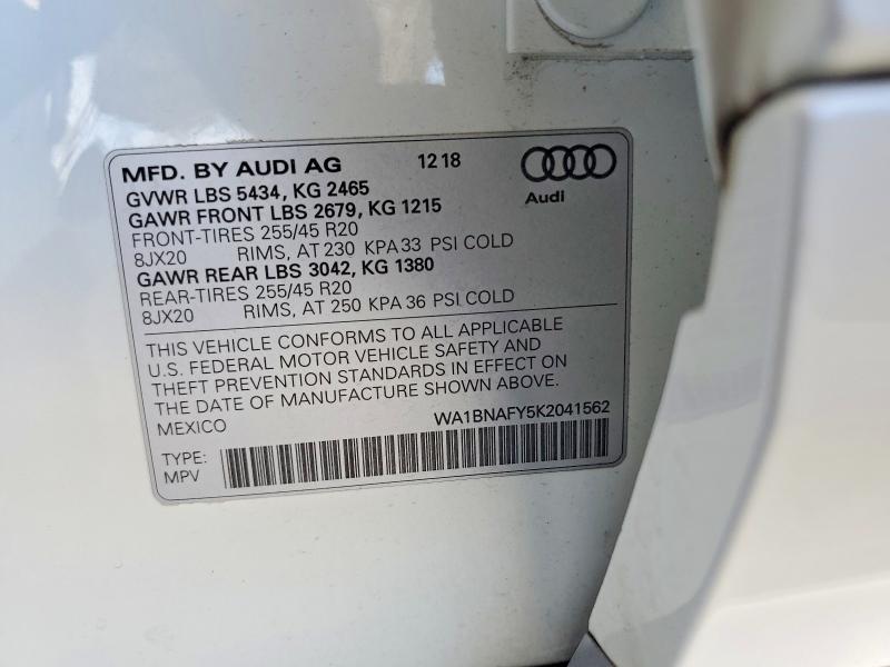2019 Audi Q5 მანქანა იყიდება აუქციონზე, vin: WA1BNAFY5K2041562, აუქციონის ნომერი: 49824036