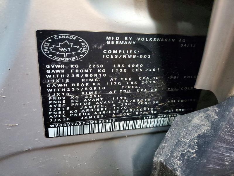 49391216 :رقم المزاد ، WVGBV7AX2CW599043 vin ، 2012 Volkswagen Tiguan مزاد بيع