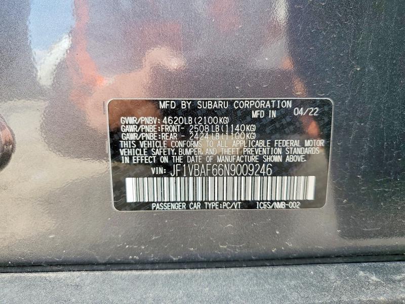 Продажа на аукционе авто 2022 Subaru Wrx, vin: JF1VBAF66N9009246, номер лота: 50292826