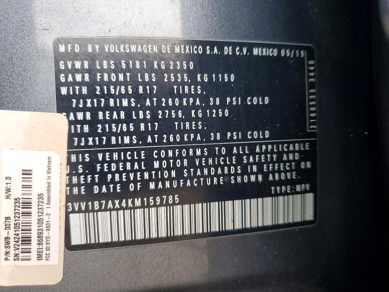 Продаж на аукціоні авто 2019 Volkswagen Tiguan, vin: 3VV1B7AX4KM159785, номер лоту: 51501826