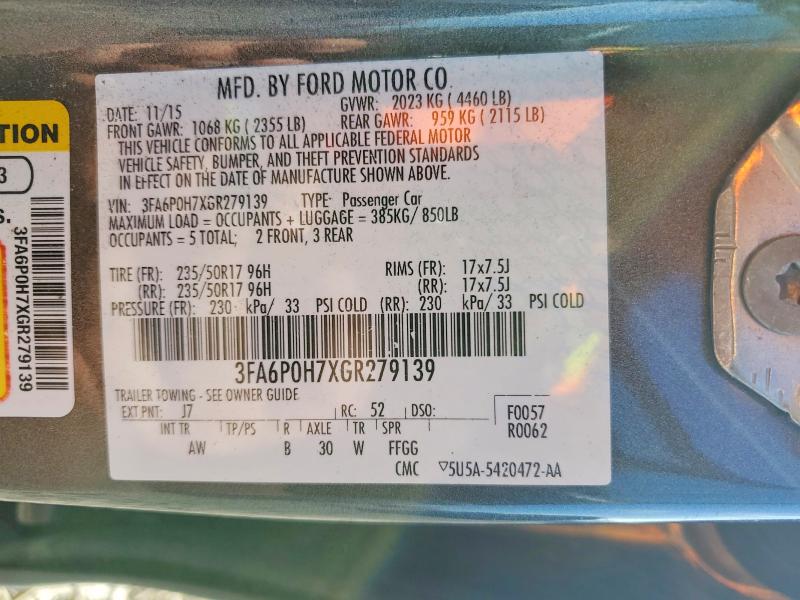 48911016 :رقم المزاد ، 3FA6P0H7XGR279139 vin ، 2016 Ford Fusion مزاد بيع