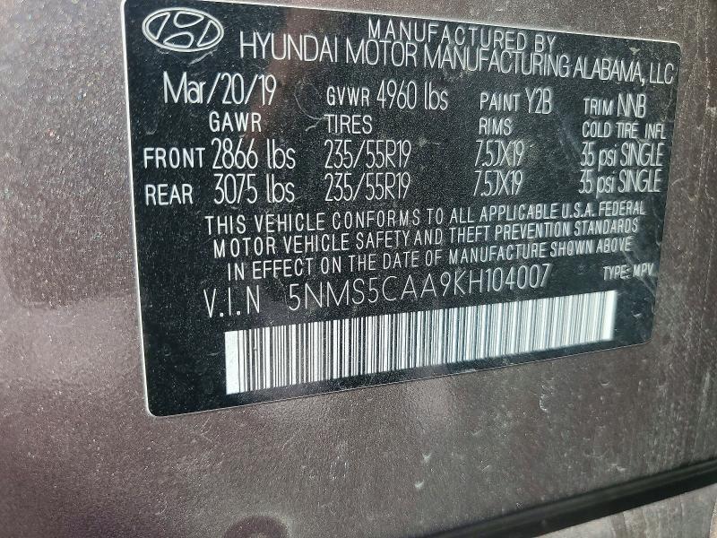Aukcja sprzedaży 2019 Hyundai Santa Fe, vin: 5NMS5CAA9KH104007, numer aukcji: 51802556