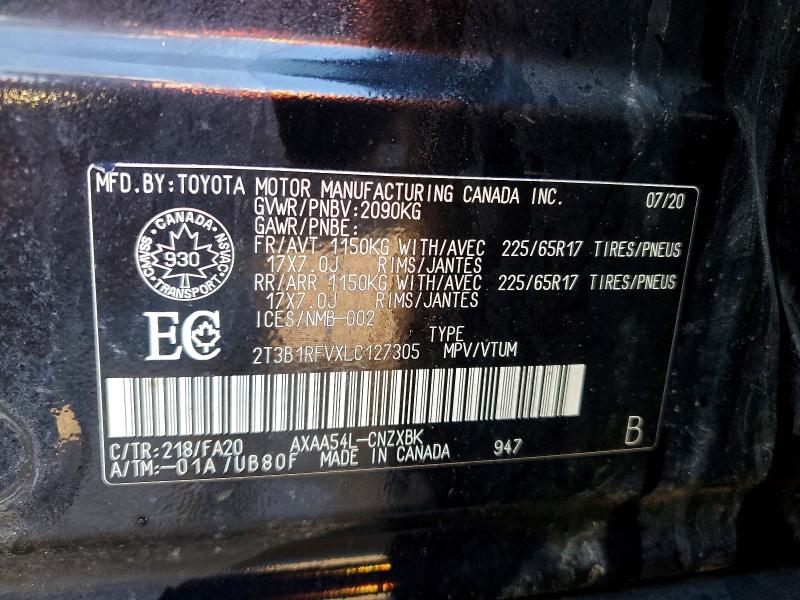 47076106 :رقم المزاد ، 2T3B1RFVXLC127305 vin ، 2020 Toyota Rav4 مزاد بيع